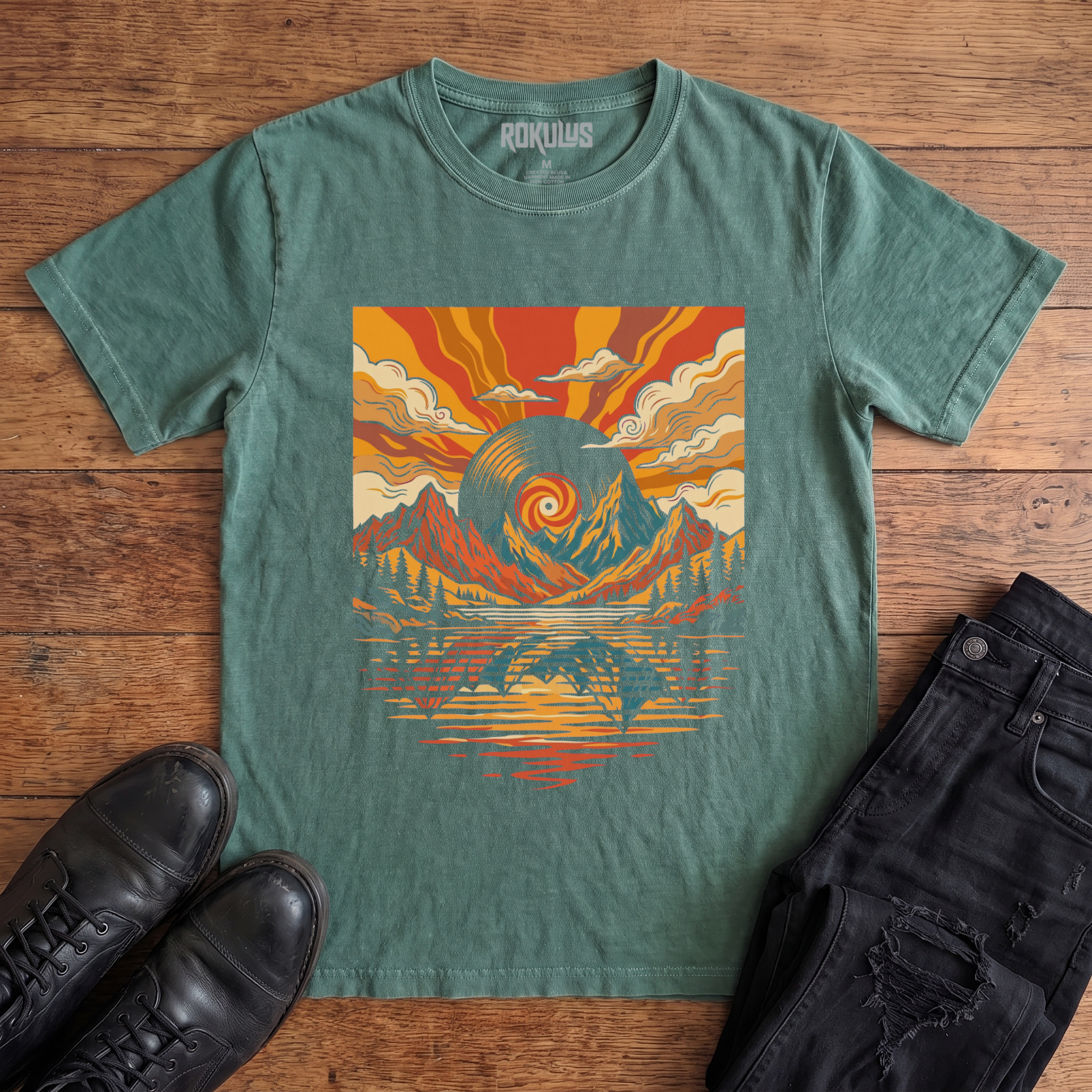 Washed pine Rokulus Vinyl Sunset vintage graphic tee laid flat on wood with black boots and jeans, front print showing a retro 70s landscape with a vinyl record sun over mountains, pines, and a reflecting lake in warm sunset tones