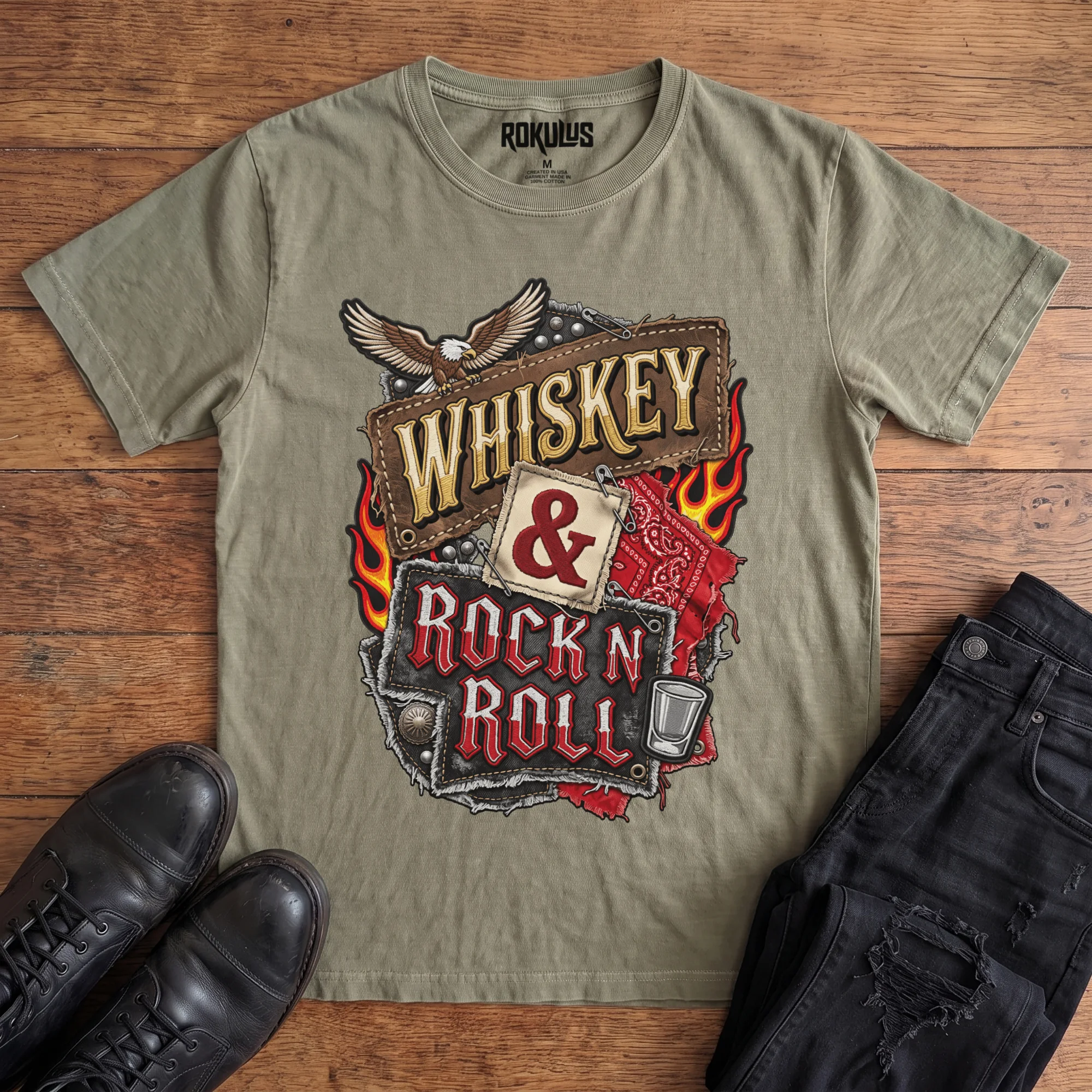 Washed olive Rokulus Whiskey & Rock N Roll vintage graphic tee laid flat on wood with black boots and jeans, front print showing an embroidered biker-patch collage with a bald eagle, flames, red bandana, studs, and a shot glass around stitched “Whiskey & Rock N Roll” lettering