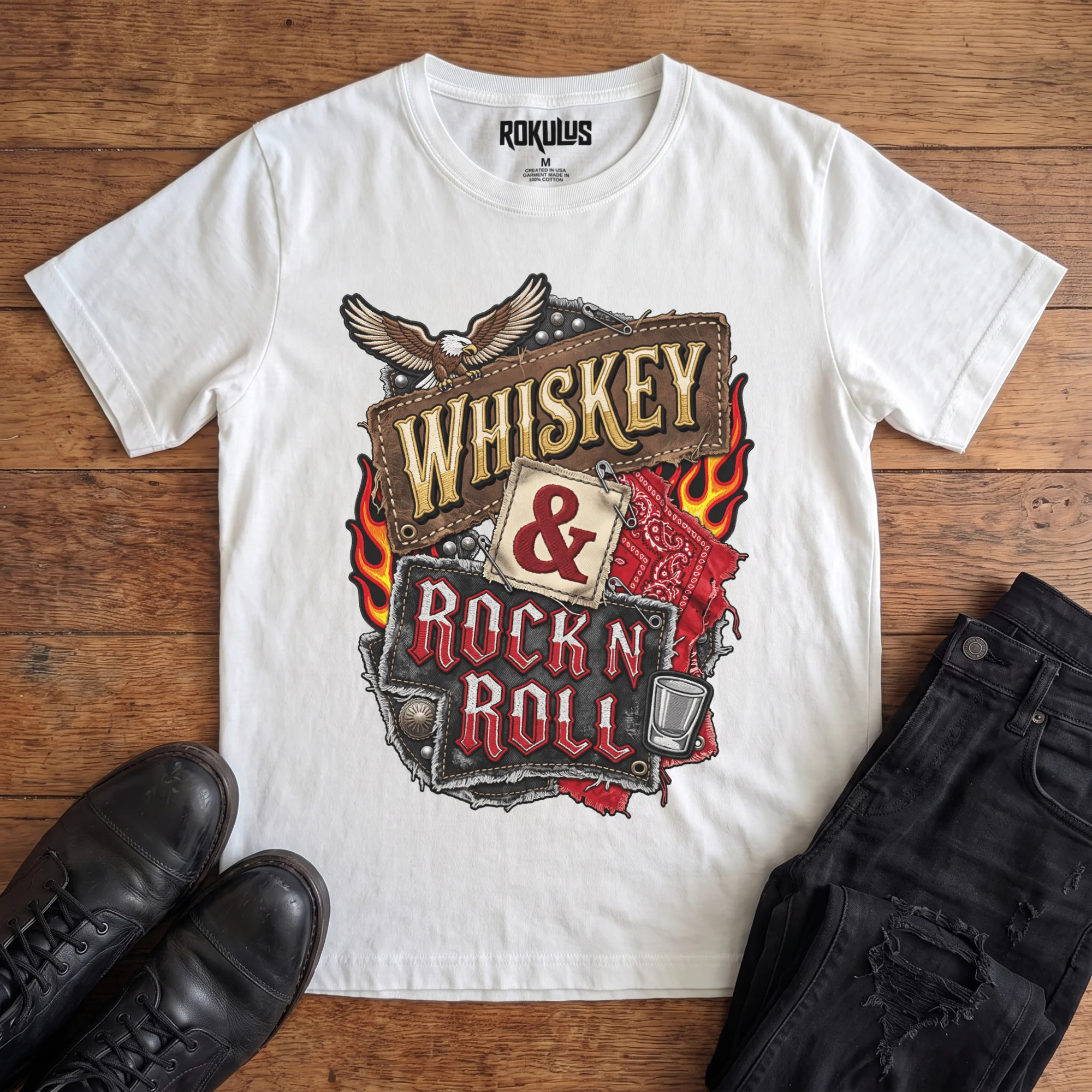 White Rokulus Whiskey & Rock N Roll vintage graphic tee laid flat on wood with black boots and jeans, front print showing an embroidered biker-patch collage with a bald eagle, flames, red bandana, studs, and a shot glass around stitched “Whiskey & Rock N Roll” lettering